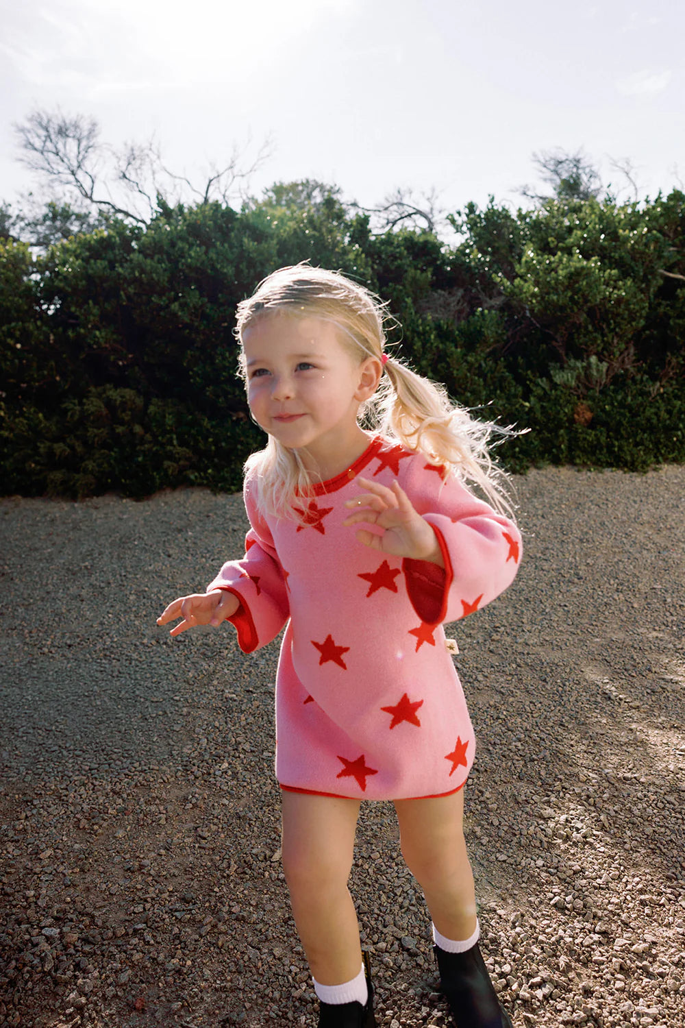 Lucky Stars Knitted Cotton Dress  Pink + Red