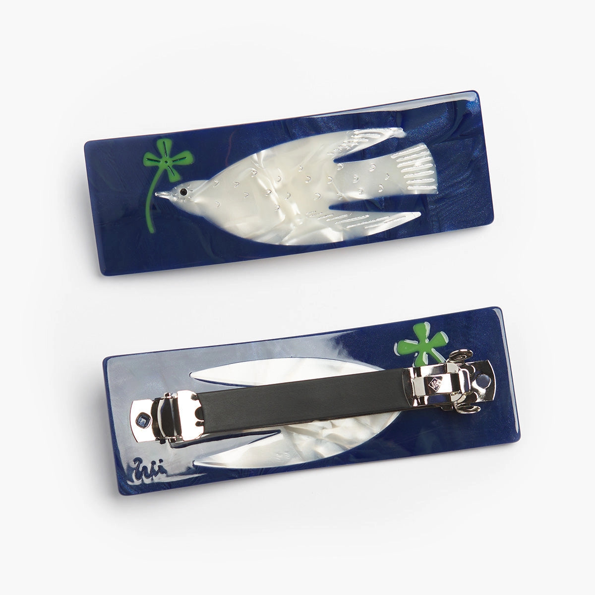 White Dove with Four Leaf Clover Acetate French Barrette Clip