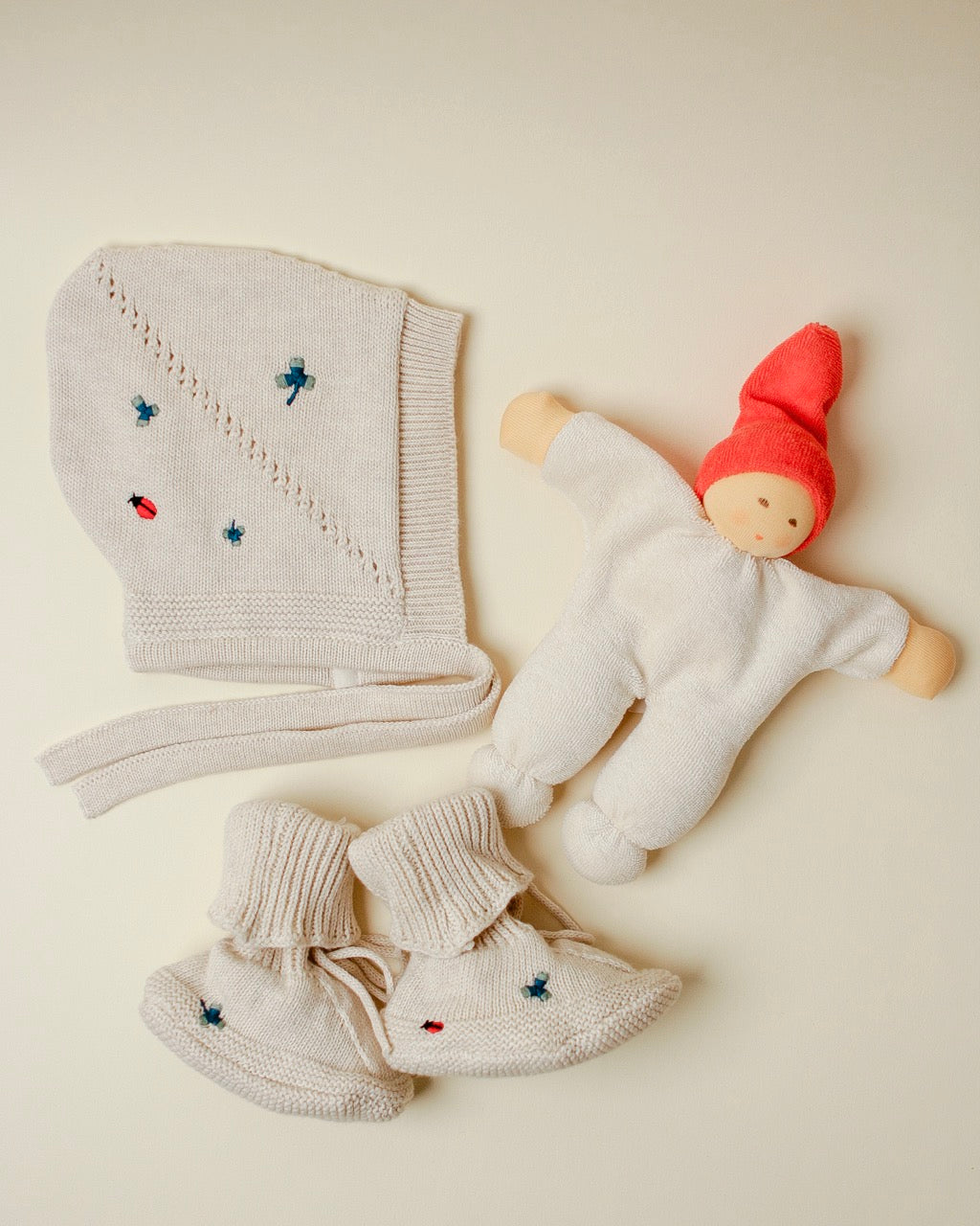 Clover Bonnet + Booties + Snuggly Plush Doll image 0