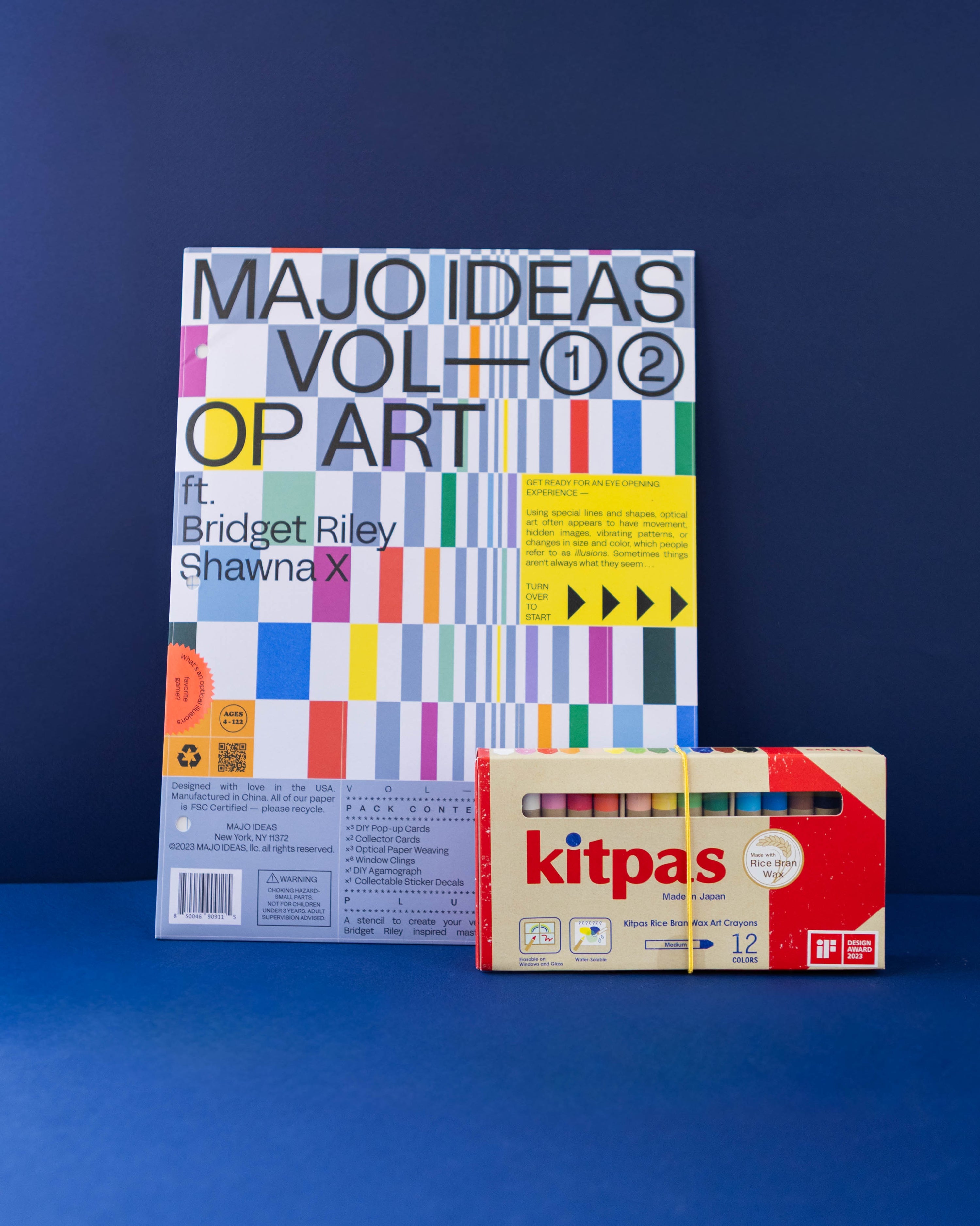 Majo Ideas Op Art Sticker Based Art Pack Vol ①② + Kitpas Rice Bran Wax Crayons 12 pcs