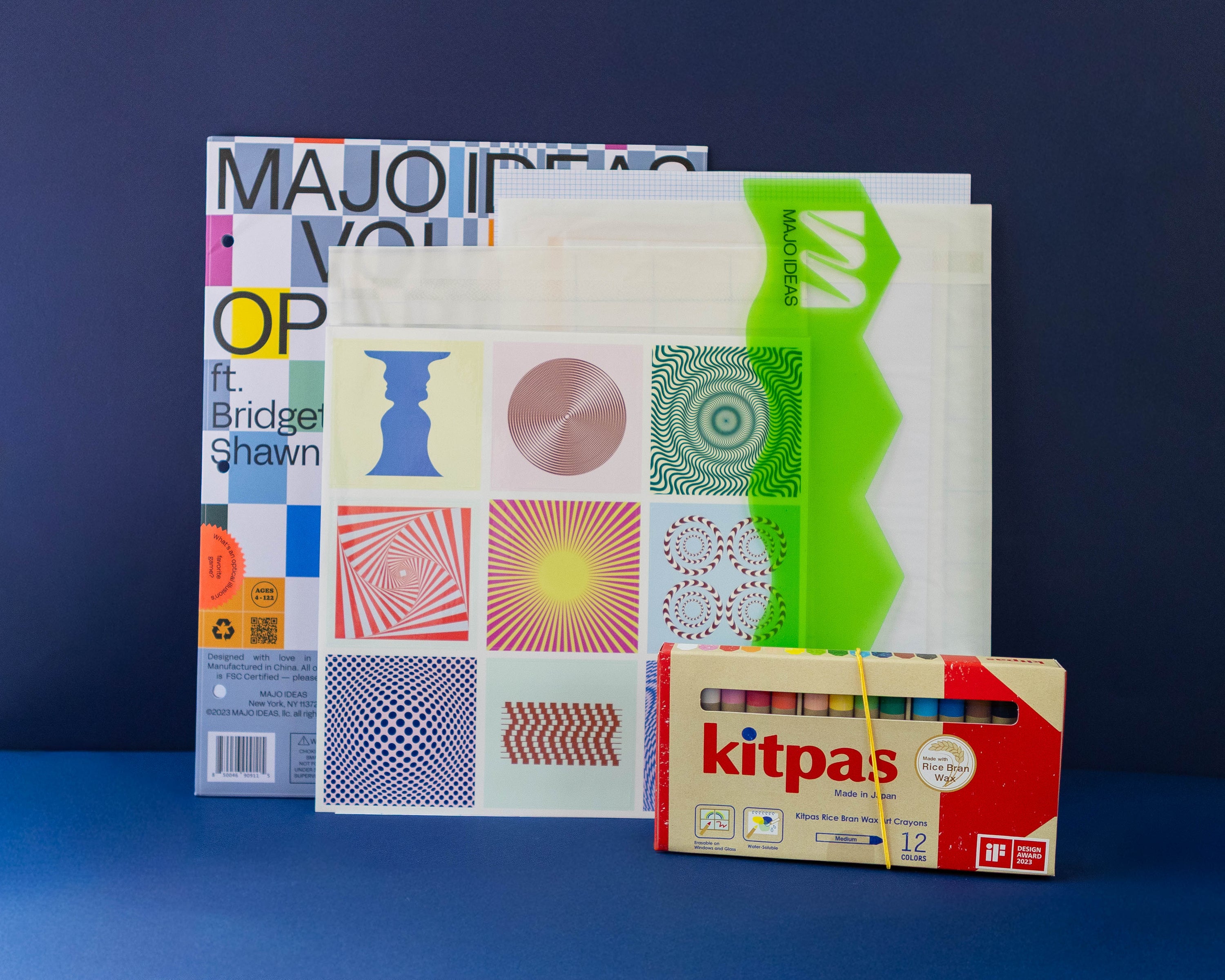 Majo Ideas Op Art Sticker Based Art Pack Vol ①② + Kitpas Rice Bran Wax Crayons 12 pcs