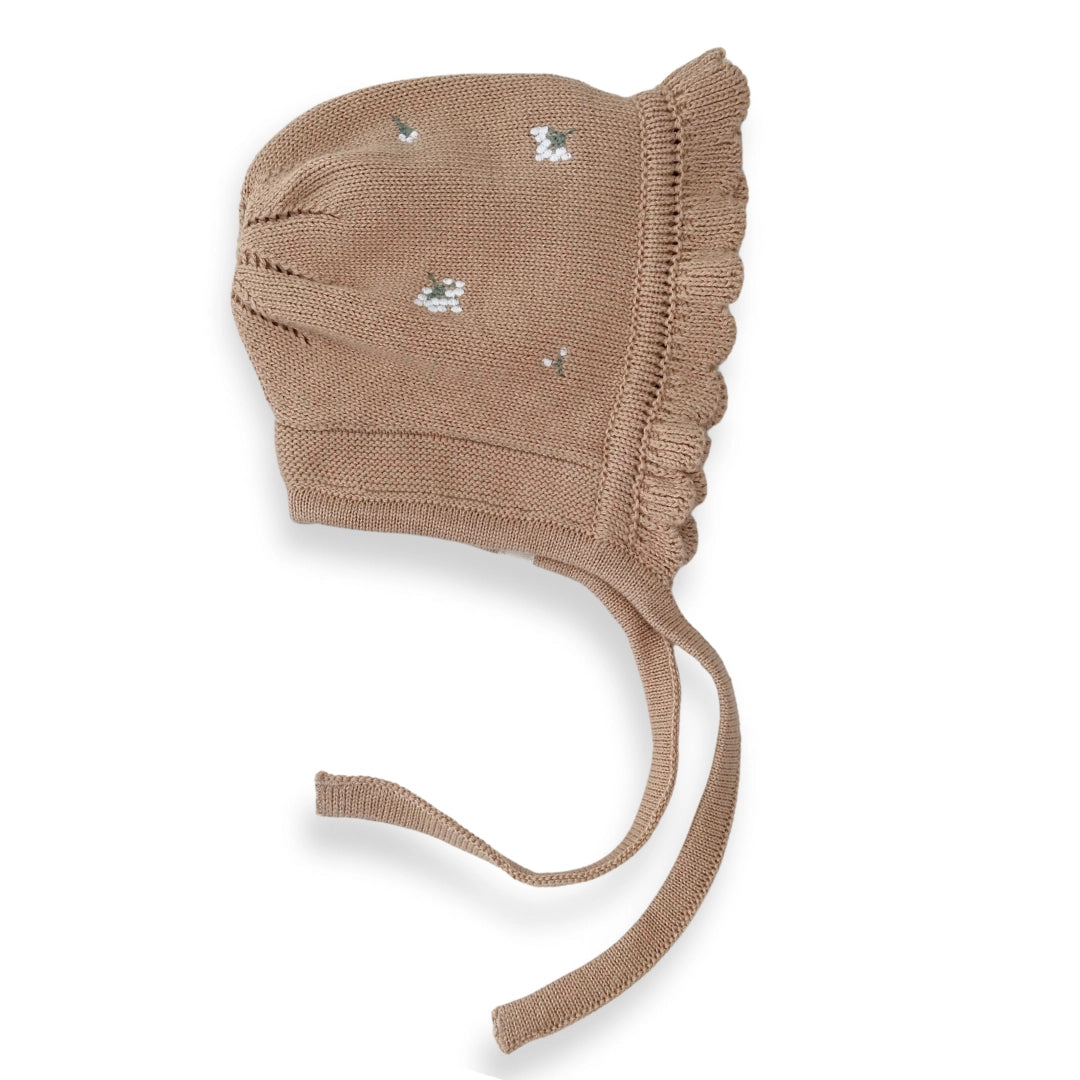 Baby Knitted White Flower Bonnet image 0